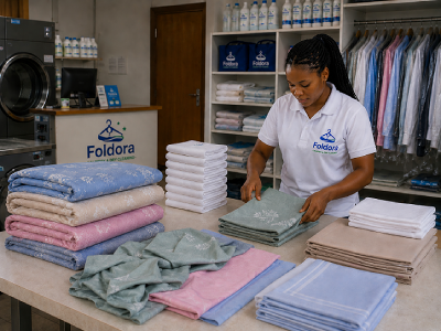Freshly cleaned bedsheets and towels prepared by Foldora laundry service in Abuja