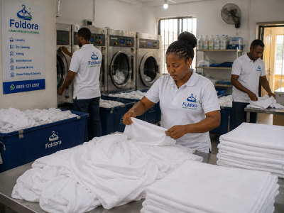 Foldora staff handling hotel and commercial laundry in Abuja