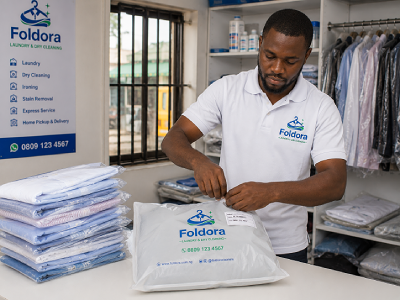 Foldora laundry staff preparing freshly cleaned clothes for same-day delivery in Abuja