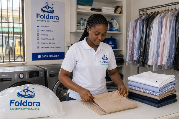 Foldora laundry staff professionally handling and organizing cleaned garments for customers inside Foldora laundry workspace in Abuja