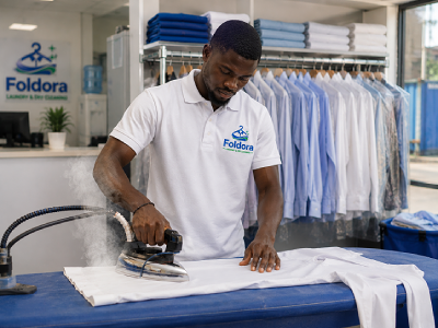 Foldora laundry staff steam ironing a customer's shirt at Foldora laundry service in Abuja