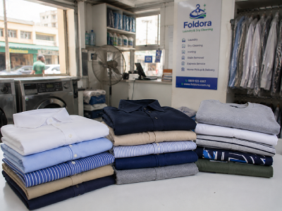 Neatly folded clean laundry prepared for customers at Foldora laundry service in Abuja