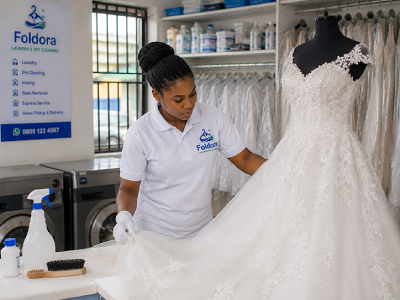 Foldora laundry specialist cleaning a wedding dress in Abuja